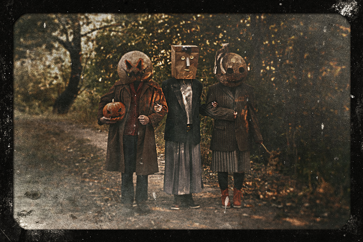 Vintage daguerreotype image of children dressed up for Halloween